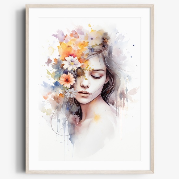Other - Watercolor Woman With Flowers Portrait Wall Art Illustration Print Unframed